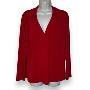 Lane Bryant Red Surplice Faux Wrap Long Sleeve Collared Blouse Women Size 14/16